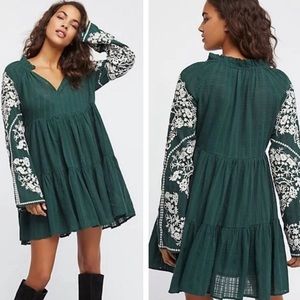 FREE PEOPLE Embroidered-Sleeve V-NeckPeasant Dress